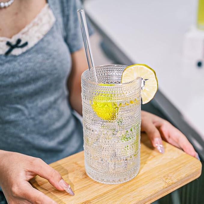 Set de 12 Vasos Vintage Hobnail con Pajillas de Vidrio miniatura 2