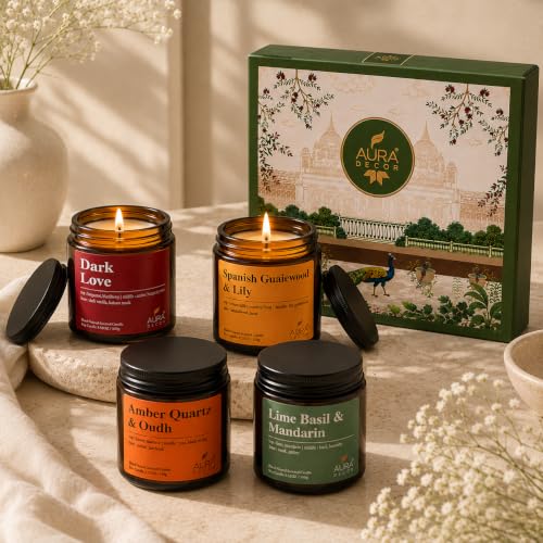 Image of AuraDecor Scented Soy Wax Amber Jar Candle Set of 4, Organic Luxury Aroma, Aromatic /Aromatherapy Votive Candle || Burning Time Upto 30 Hours Aromatherapy, Gift Set