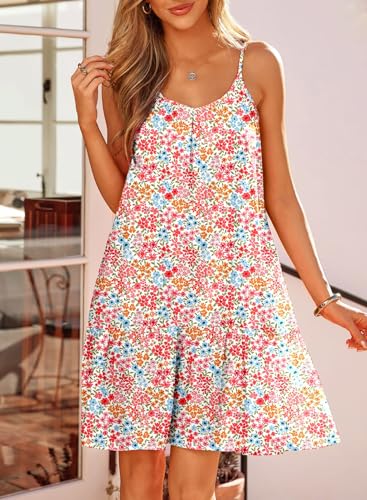 Image of Dokotoo Summer Dresses for Women 2026 Spaghetti Strap Sexy Deep V Neck Smocked Ruffle Flowy Boho Dresses