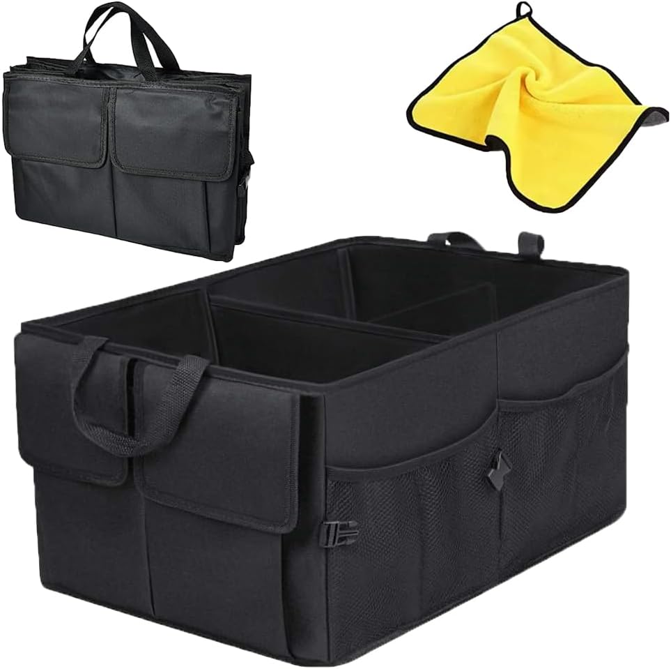 CLOUDFOUR Car Trunk Organizer, Foldable Car Storage Organizer, Car Tidy, Multi Compartment Trunk Storage Organizer for Tools, Car Storage Box with Microfiber Car Cleaning Towel