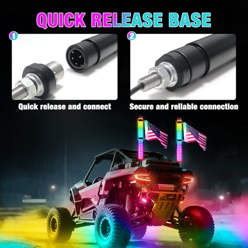 Tavaray 2PCS 3FT COB Fat Whip Lights, App & Remote Control LED Whip Lights for Side by Side, Brake/Signal/Reverse Sync, Spiral RGB Chasing Antenna Compatible with UTV ATV Polaris RZR Can-Am by Tavaray - Image 5