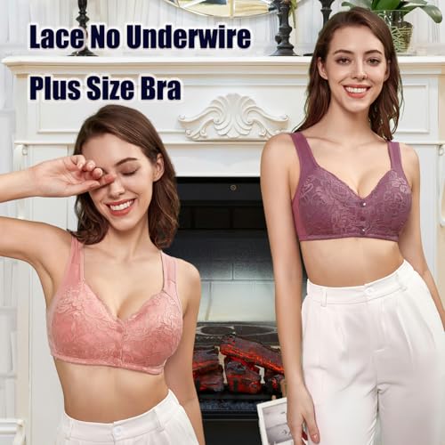 Image of No Underwire Lace Bras for Women Sponge Cup Front Closure Bra for Seniors Plus Size Full Coverage Bra No Wire Bras