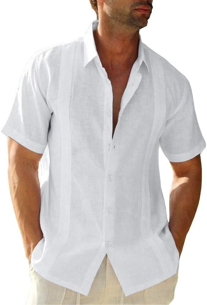 Glacspyg Camisa Lino Hombres Verano Manga Corta Guayabera Camisa Lino Trabajo Camisa Casual Ajuste Casual Vacaciones
