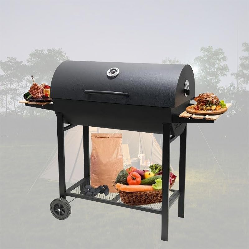 Parrilla de carbón con dos mesas laterales, parrilla de barbacoa de acero resistente para pícnics al aire libre, patios traseros y fiestas