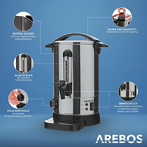 Foto von Arebos Glühweinkocher 950 W | Heißgetränkespender | 6,8 L | mit Auffangschale, Auslasshahn, Thermostat und Überhitzungsschutz | Temperatureinstellung von 30-110°C
