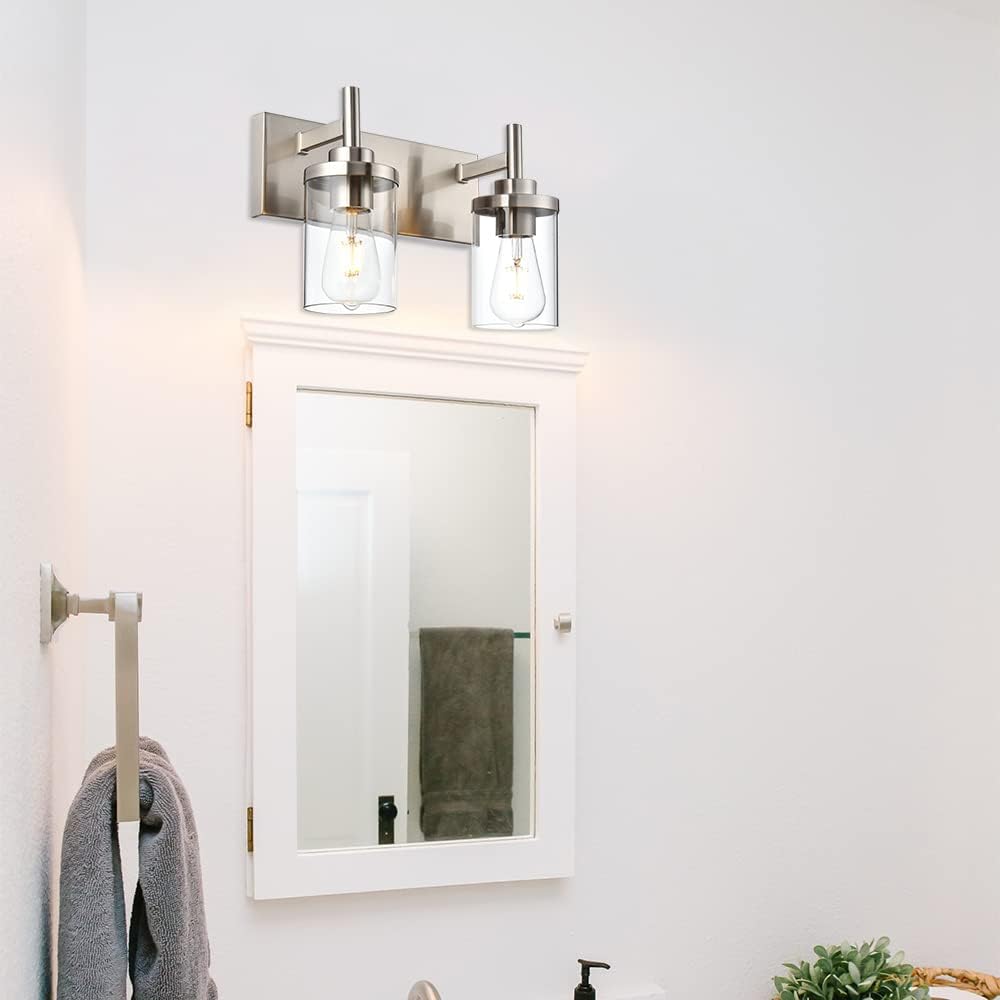 2 Light Black Vanity Wall Sconce Lights Brushed Nickel Industrial Bathroom Vanity Lighting with Clear Glass Shade Farmhouse Matte Wall Lamp for Hallway, Bathroom Wall Sconce Fixtures