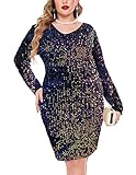 Picture of IN'VOLAND Womens Sequin Dress Plus Size V Neck Party Cocktail Sparkle Glitter Evening Stretchy Mini Bodycon Dresses