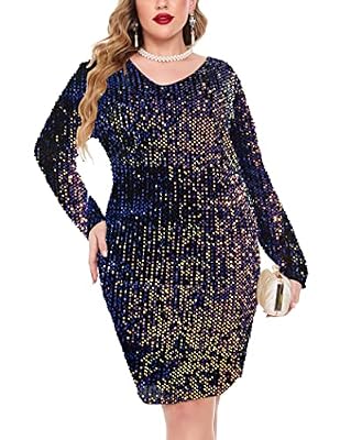 IN'VOLAND Womens Sequin Dress Plus Size V Neck Party Cocktail Dresses