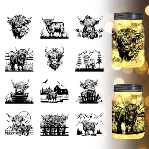 GLOBLELAND Decalques de parede de silhueta de vaca Highland Cows com recortes de flores montanhas de