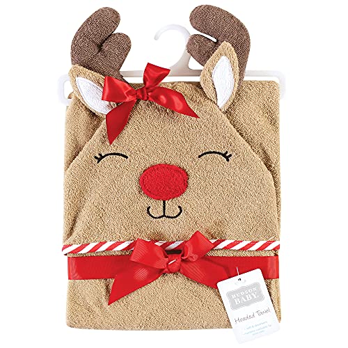 Image of Hudson Baby Unisex Baby Cotton Animal Face Hooded Towel, Girl Holiday Reindeer, One Size