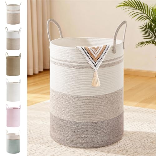 Image of 58L Tall Cotton Rope Laundry Basket with Handles, Brown Striped
