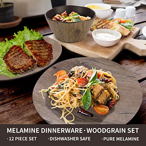 Felovuwon Melamine Dinnerware Set 12Pcs Dinner Plates And Bowls Sets For 4 Dishwasher Safe Camping Dishes Set Unbreakable Salad Plates For Casual Indoor Outdoor Dining Party Rv Camping (Wood Grain) #TOP5