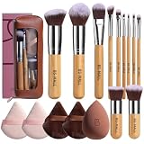 BS-MALL Makeup Brush Set 11Pcs Bamboo Synthetic Kabuki Brush Set Foundation Powder Blending Concealer Eye shadows Blush Cosmetics Brushes with Organizer Bag & Makeup Sponge (Bamboo 17)