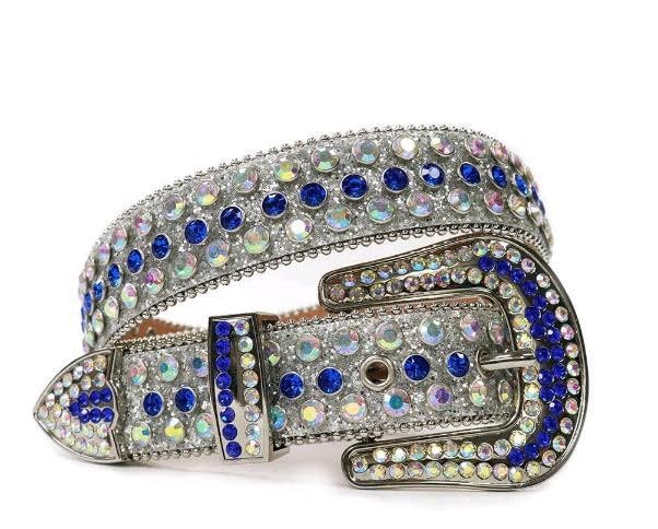 XIAO HUAWide Leather Belt for Women,Punk Rock Y2K Western Cowboy Style with Rhinestones & Rivets, Geometric Pin Buckle, Belt for Jeans,49.21in(White AB Blue)