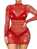 Kaei&Shi Fishnet Bodycon Mini Dress,Sparkly Rhinestone Rave Outfit,Mesh Sheer Club Outfits for Women Sexy Exotic Dancewear Red