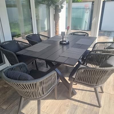 PURPLE LEAF 7 Pieces Patio Dining Set Wicker Outdoor Furniture Rectangular Table and Chairs Set for Garden Deck Aluminum Frame Backyard Kitchen Set, Cushions and Pillows Included Grey