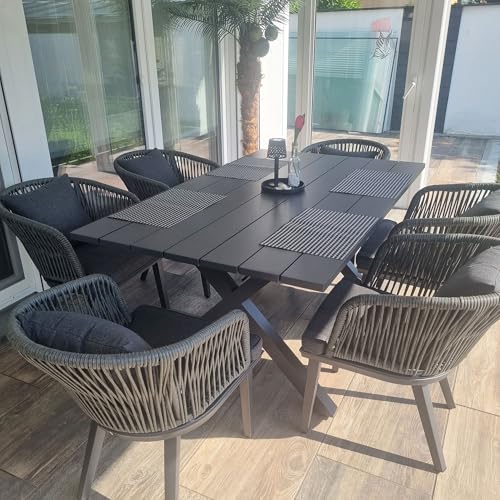 Image of PURPLE LEAF 7 Pieces Patio Dining Set Wicker Outdoor Furniture Rectangular Table and Chairs Set for Garden Deck Aluminum Frame Backyard Kitchen Set, Cushions and Pillows Included Grey