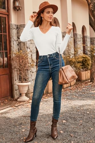 Newshows Womens Sweaters Fall V Neck Pullover Long Sleeve Stretch Button Casual Ribbed Knit Tops4