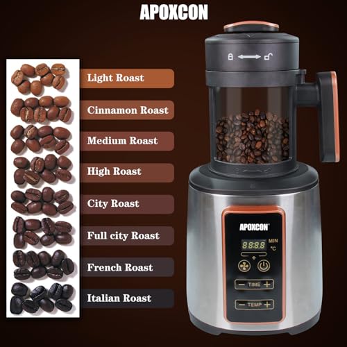 APOXCON Torrador de grãos de café elétrico para uso doméstico com cesta de coleção de grãos de café, temporizador ajustável, configurações de calor variáveis e configuração de ventilador de ar 1500 W - Imagem 9