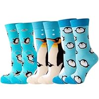 Angelteers 3 Pairs Funny Cartoon Farm Animal Pattern Cotton Crew Socks for Women (US, Alpha, One Size, Regular, Regular, Penguin)