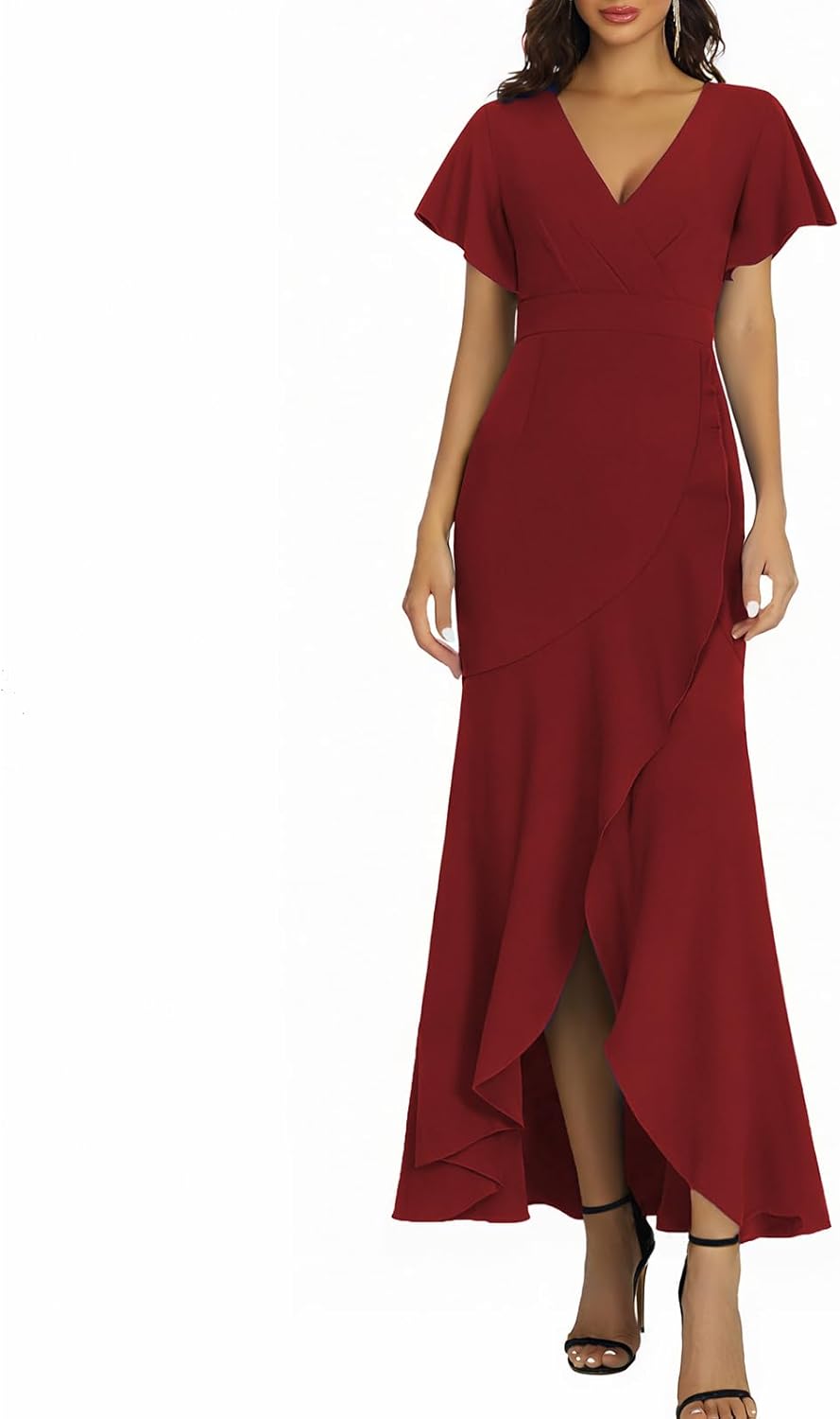 Women's Black Formal Fishtail Dresses Cocktail Wedding Guest Dress Short Sleeve Elegant V Neck Party Gowns - Image 5