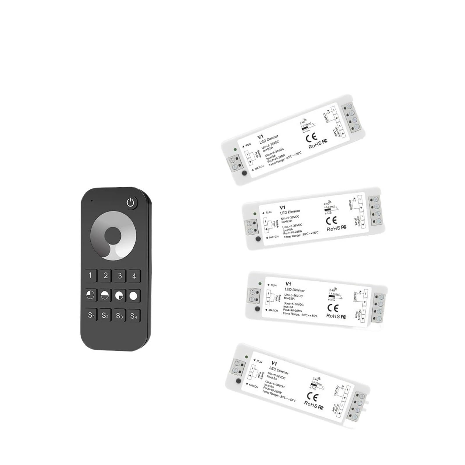 V1 LED-Dimmer, 12 V, 24 V, 36 V, RT6, 4 Zonen, einfarbige LED-Lichtleiste, Dimm-Set, kabelloses WLAN, 2,4 G RF-Fernbedienung, Tastenschalter, Dimmer (Color : 4pcs V1 1pcs RT6 Set)