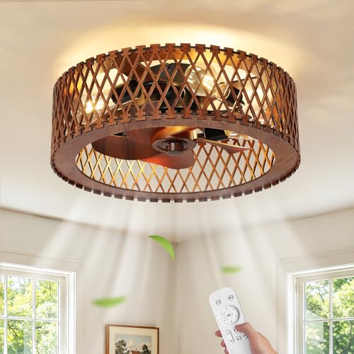Image of 20 inch Farmhouse Flush Mount Ceiling Fan with Light, Low Profile Wooden Fandelier Ceiling Fan with Remote, 6 Speed Reversible Caged Ceiling Fans with Lights for Bedroom Kitchen Living Room