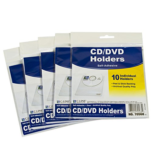C-Line Self-Adhesive CD Holder, 5.33 X 5.66 Inches, Clear, 5 Packs of 10 Sheets, 50 Total (70568-5)