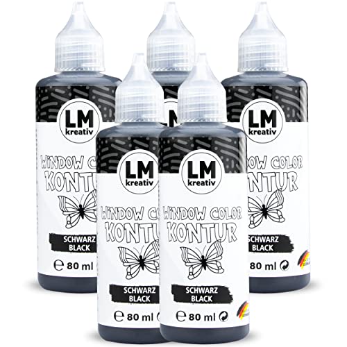 LM-Kreativ LM Window Color Set Kontur(5 x 80 ml Schwarz)-Abziehbare Fenster-Farbe/für Fensterbilder auf Spiegelfliesen&andere glatte Oberflächen. Windows Color Glasmalstifte sind einfach zu dosieren.