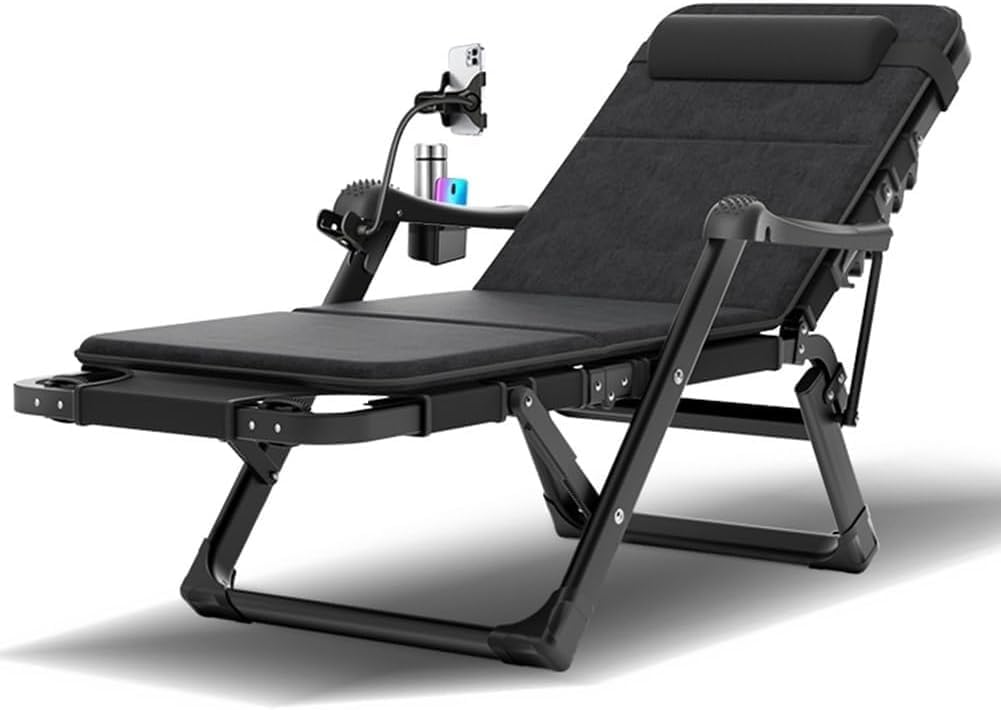 Outdoor Lounge Chair 2-in-1 Folding Cot with Pillow & Cup Holder, 5-Position Reclining Patio Chaise Lounge for Garden, Beach & Camping - Comfortable & Portable