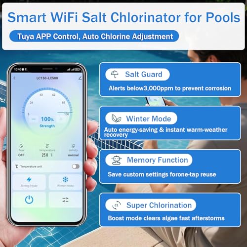 Système de chlorinateur de sel pour piscines jusqu'à 200 000 gallons, contrôle intelligent par application, chlorinateur de sel électrolytique, sortie 40 g/h