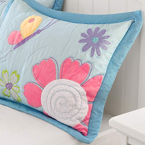Mi Zone Kids Crazy Daisy Bedding For Girls Quilt Set - Sky Blue, Pink , Flowers, Butterfly – Kids Girls Quilts – Ultra Soft Microfiber Quilt Sets Coverlet, Full/Queen 4Piece #TOP2