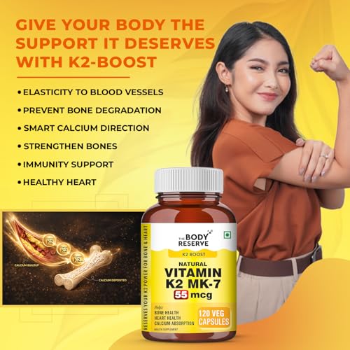 Image of The Body Reserve Vitamin K2 MK7 55 mcg - Highly Bioavailable Menaquinone-7 | Better Calcium Utilization for Strong Bones & Heart Health | Activates Osteocalcin & Matrix GLA Protein | 120 Vegetarian Capsules