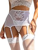 ohyeahlady Damen Strumpfgürtel Spitzen Strapsgürtel Strumpfhalter Strumpfband Strumpfhose Hüftgürtel mit verstellbare Clip Blumenmuster(Weiß,XL-XXL)