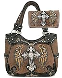 Western Antique Tooled Embroidered and Rhinestone Cross Angel Wings ShoulderBag Handbag With Wallet...