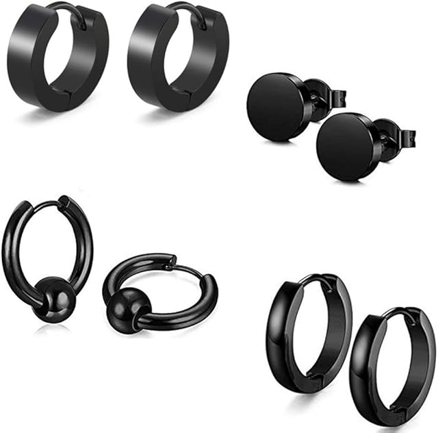 Men Women Stainless Steel Earring Stud Set Round Hoop Huggie Earring Stud Earring Tunnel Piercings (Pack of 4) (Black)