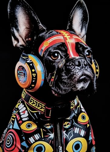 KUSTOM ART Poster Decorativo da Parete Serie Animali Bulldog Francese Nero con Cuffie e Vestiti Rap Stampa su Carta Patinata 40x30cm Senza Cornice