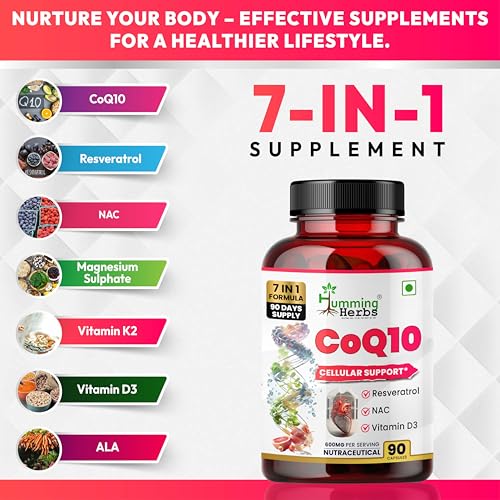 Image of Humming Herbs CoQ10 Supplement 7-in-1 with Resveratrol NAC ALA Magnesium Vitamin K2 (MK-7) & Vitamin D3 - Cellular Energy & Antioxidant Support - 90 Veg Capsules