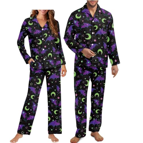 Matching Pjs for Couples Casual Men Long Sleeve Pjs Button Down Sleepwear Lightweight Women V Neck with Pockets