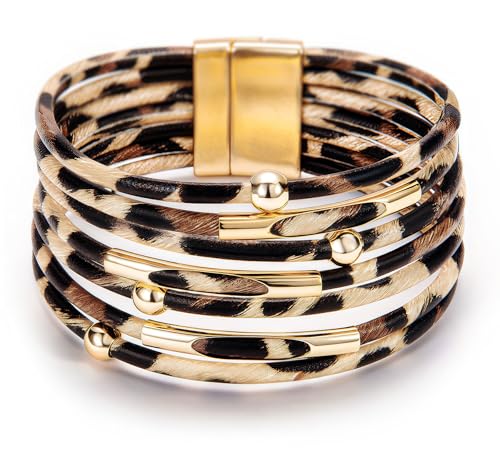 Fesciory Leopard Bracelet for Women, Boho Leather Wrap Multi-Layer Pearl Crystal Bracelet Bangle Jewelry