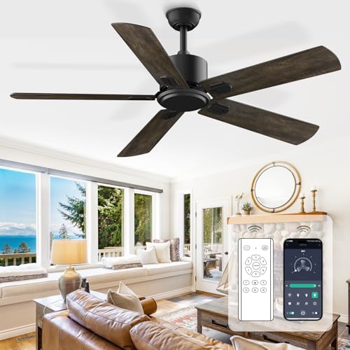 Jayjuly Ceiling Fan with Remote, 52-Inch outdoor/Indoor Smart Fan with 6 Speeds Quiet Reversible DC Motor, Modern Ceiling Fans No Light 5 Blades for patios bedroom Living Room, 03