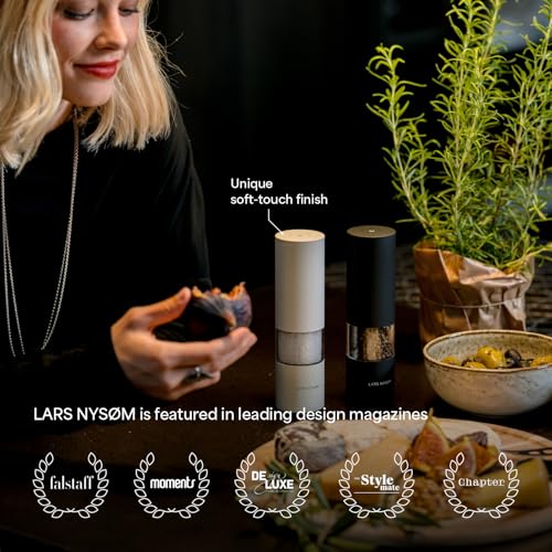 Image of LARS NYSOM Electric Salt and Pepper Grinder Set I Automatic Salt and Pepper Mills with Adjustable Ceramic Grinder I USB Rechargeable Electric Spice Mill Set with LED Light (Sage Green)
