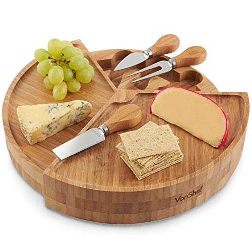 Price comparison product image VonShef Bamboo Cheese Board,  Circular Serving Tray with Stainless Steel Knife Set