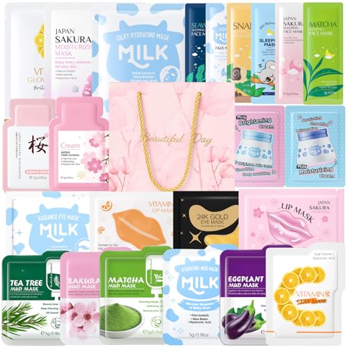Face Mask Skincare Set 24 Pcs Pamper Gifts for WomenGifts - Skincare Set with Face Mask &Cream Lip Masks Eye Patch Care Package Gift Sets for Women Girlfriend Moisturising Nourish (Multiset 24PCS)