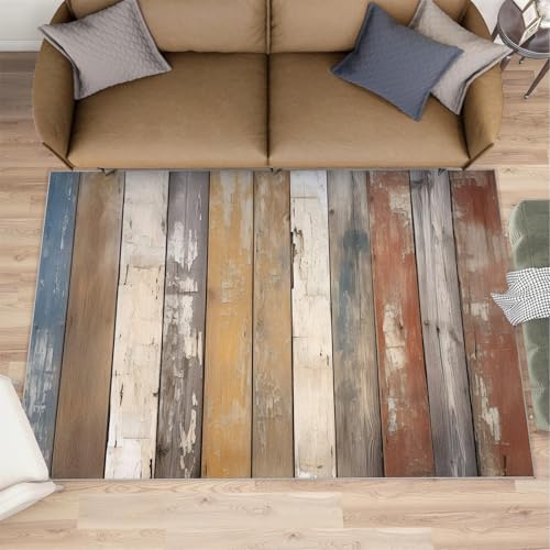 HYGIUID Wood Grain Area Rug 5x6 - Timber Texture Area Rugs for Kitchen, Retro Wooden Board Bedroom Area Rug Kids Low Pile Rug for Indoor Outdoor Hardwood Floors Home Decor