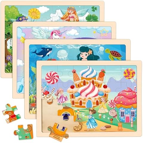 Princess Unicorn Mermaid Fairy Puzzles for Kids Ages 4-6, 4 Packs Wooden Jigsaw Puzzles for Toddlers Girls 2-4, Preschool Educational Puzzles Boards Toys Gifts for Girls Boys 3 4 5 6 Cover