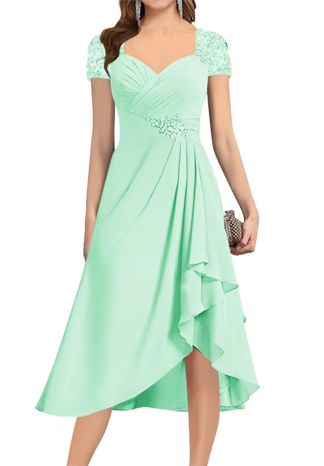 YIANN Mint Green Mother of The Bride Dresses for Wedding Party V Neck A Line Chiffon Tea Length Mother of Groom Dress UK14