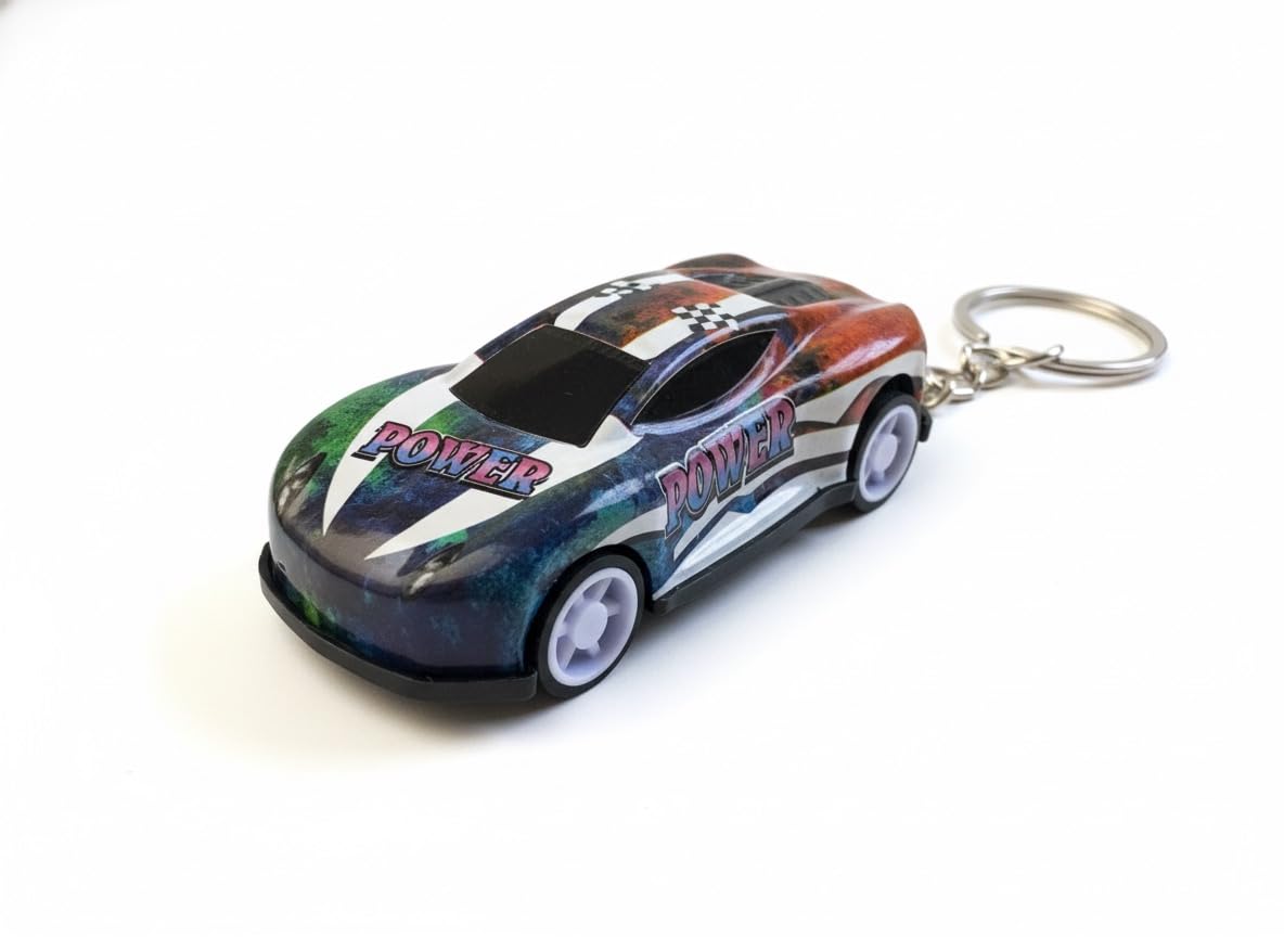 Racing Car Keychain, Metallic Multicolor Design with Power Graphics, Sports Style Collectible Key Ring Accessory Racing Car Keychain, Metallic Multicolor Design with Power Graphics, Sports Style Collectible Key Ring Accessory