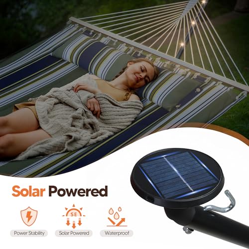 Image of SUNCREAT Double Hammock with 12 ft Stand, Solar Powered Lights, Outdoor Standing 2 Person Hammock, Dark Green