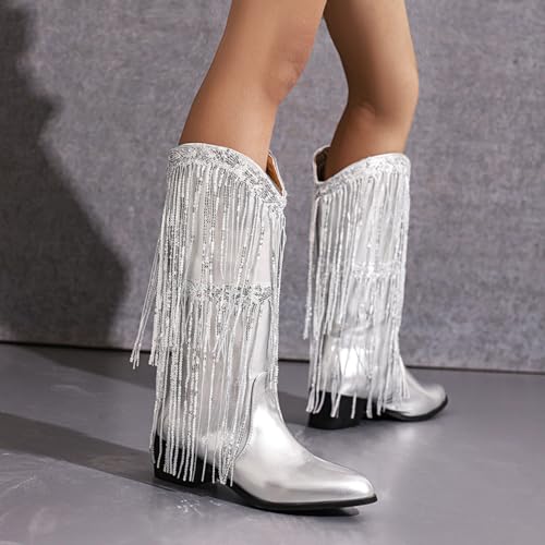 PAUVAODY Mode Kwast Cowboy Laarzen voor dames Metallic Cowgirl Mid-Calf Laarzen - Afbeelding 3